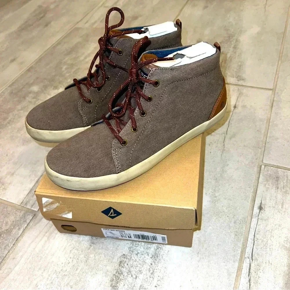 Sperry Tuck Mid Sneakers Boys Size 5.5M Brown Excellent Canvas‎ Mid Top Shoes